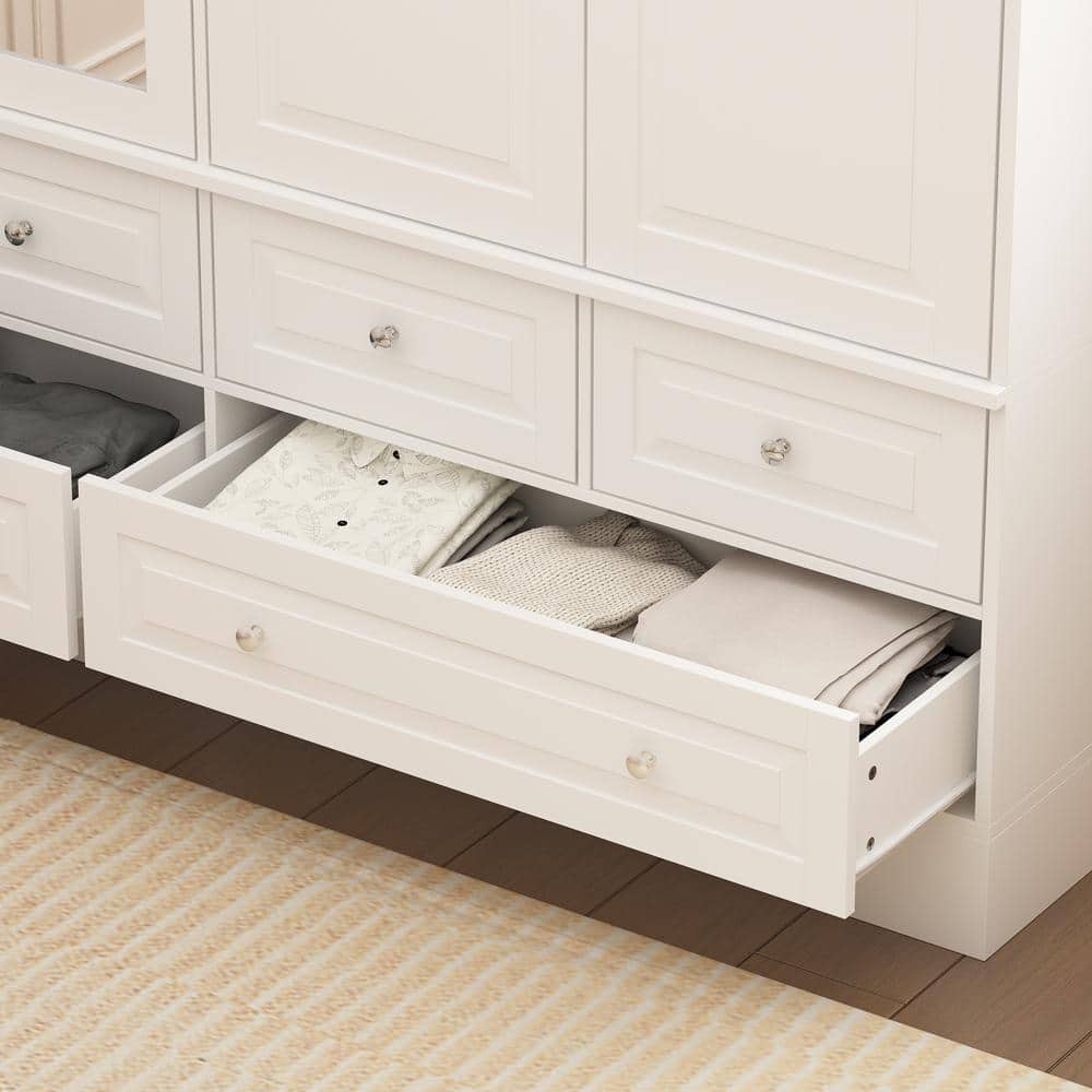 White Wood 63 in. W Big Wardrobe Armoires Mirror, Hanging Rods, Drawers, Adjustable Shelves, 78.7 in. H x 19.7 in. D - thumbnail 10