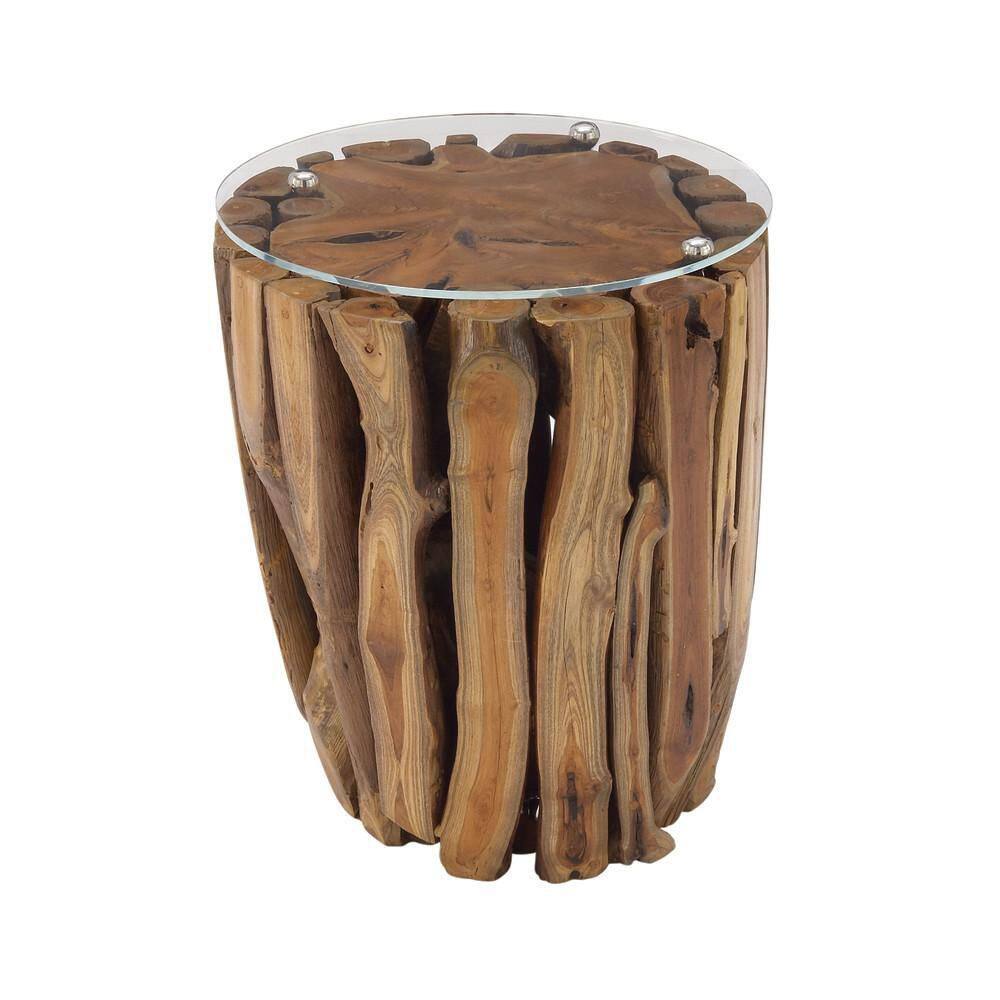 Rustic Brown Teak Wood Round Accent Table with Glass Top