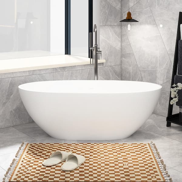 Staykiwi 65 in. x 30 in. Stone Resin Freestanding Flatbottom Soaking Bathtub with Center Drain in Matte White