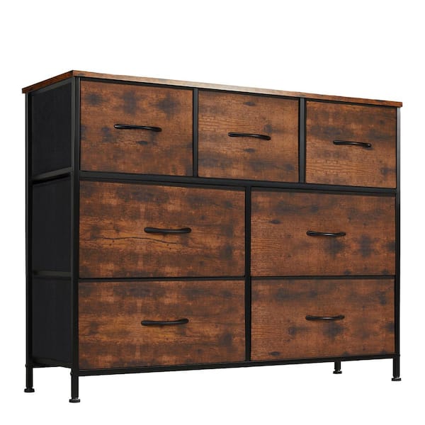 7-Drawer Brown Fabric Dresser, Storage Cabinet Organizer with Waterproof Top and Adjustable Metal Legs