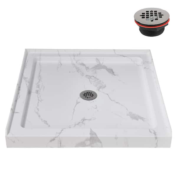 36 in. x 36 in. Alcove Acrylic Shower Pan Base in Matte Marble with Center Drain, Drain Included