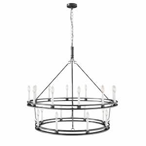 43.3 in. 20-Light Black Wagon Wheel 2-Tier Chandelier Candle Style Rustic Farmhouse Round Hanging Light