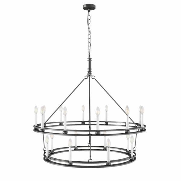 aiwen 43.3 in. 20-Light Black Wagon Wheel 2-Tier Chandelier Candle Style Rustic Farmhouse Round Hanging Light