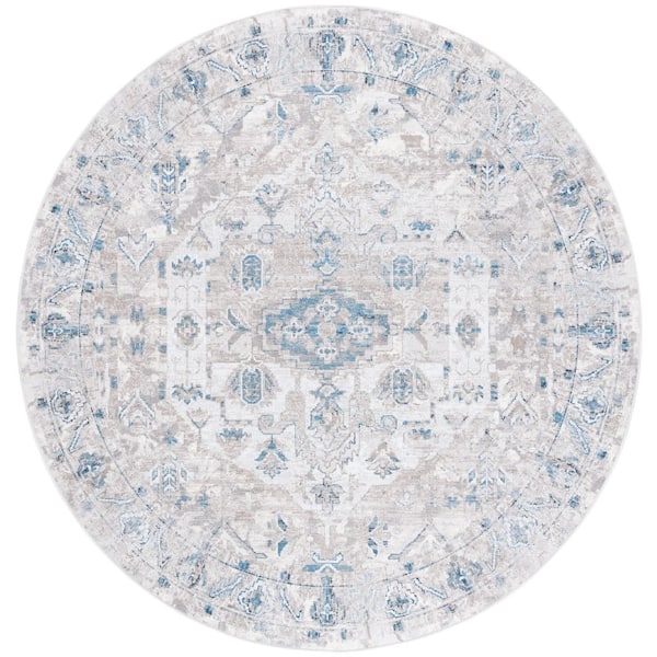 Orlando 7 ft. x 7 ft. Round Gray/Blue Traditional Distressed Herati Washable Area Rug