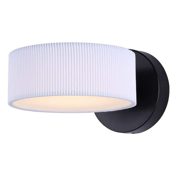 CANARM Carmynn 8.13 in. 1-Light Black Integrated LED Wall-Light with White Fabric Shade