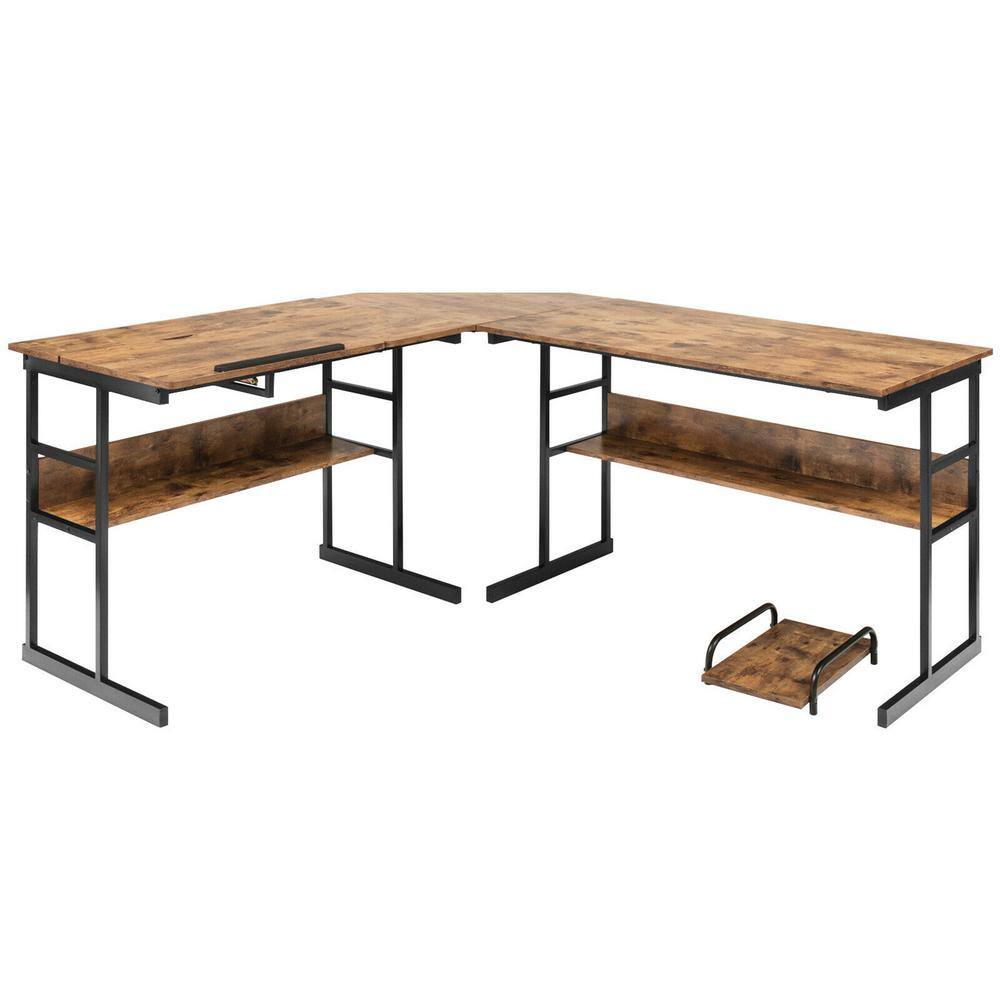 50.5 in. L-Shaped Rustic Brown Wood Computer Desk Drafting Table Workstation w/Tiltable Tabletop