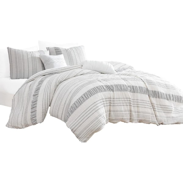 Benjara Wim 6- Piece Gray and White Striped Cotton King Comforter Set
