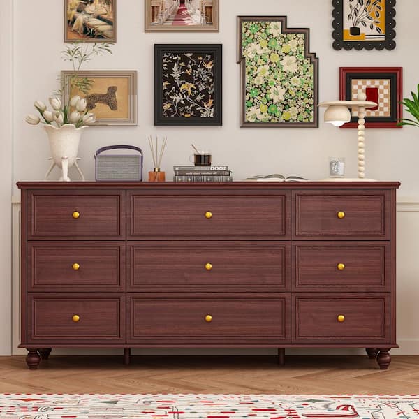 FUFU&GAGA Red Brown 9-Drawer Wooden 63 in. W x 31.5 in. H x 15.7 in. D Chest of Drawers, Modern European Style Storage Cabinet