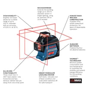 200 ft. Red 360-Degree Laser Level Self Leveling with Visimax Technology, Fine Adjustment Mount and Hard Carrying Case