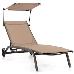 Outdoor Chaise Lounge Chair Mobile Tanning Chair Reclining Positions Adjustable Canopy Shade Cup Holder Wheels