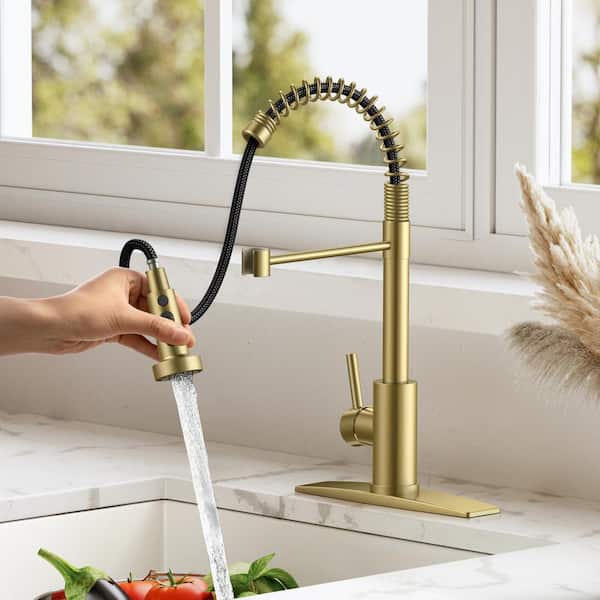 Single-Handle Spring Kitchen Faucet with Pull Down Function Sprayer Kitchen Sink Faucet with Deck Plate in Gold