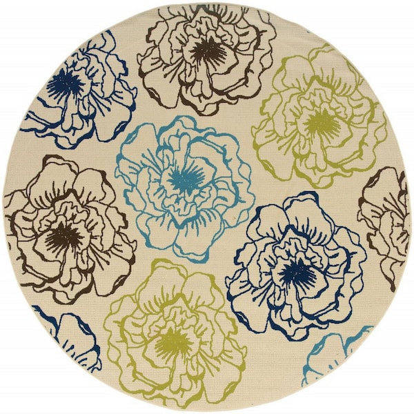 Green, Ivory 8 ft. x 8 ft. Loomed Polypropylene Round Indoor/Outdoor Area Rug
