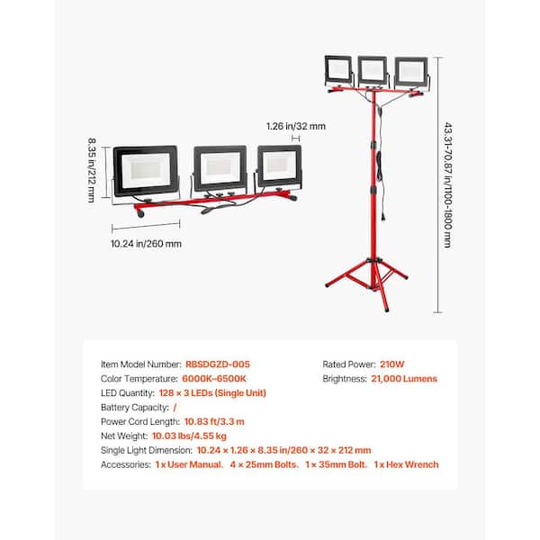 VEVOR LED Work Light with Stand 21000 Lumens 3-Head Portable