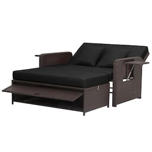 Mix Brown Wicker Outdoor Loveseat Set Daybed Lounge Storage Ottoman Side Tables Adjust Patio with Black Cushions
