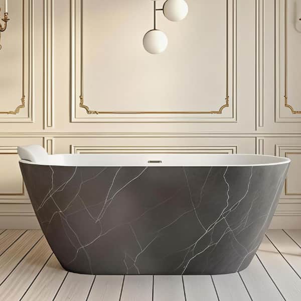 Finley 59 in. x 28.75 in. Soaking Bathtub with Center Drain in Gloss Marble Grey with Pillow
