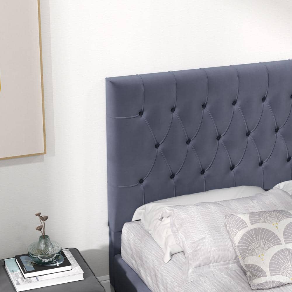 Gray Velvet Upholstered Queen Platform Bed with Tufted Headboard