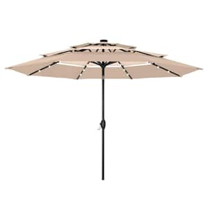 10 ft. 3-Tier Patio Market Umbrella with Solar LED Lights AutoTilt and Crank in Mixed Beige