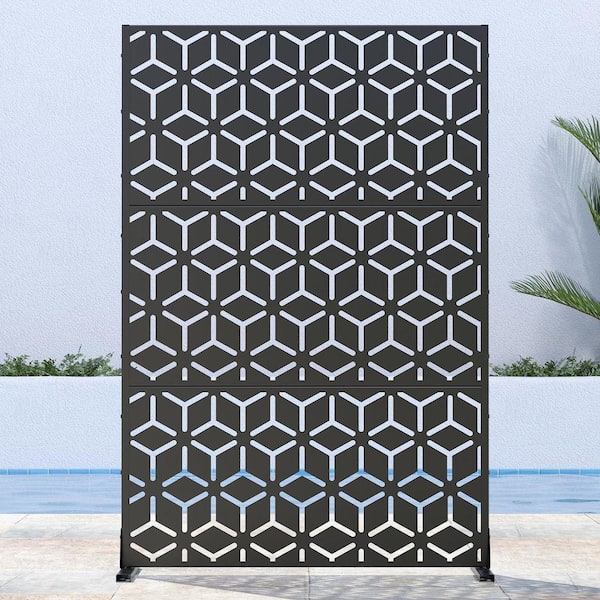 6 ft. x 4 ft. Privacy Fence Screen Black Galvanized Metal for Garden Fence in Geometric Pattern