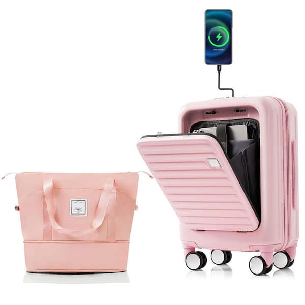 Front Opening 2-Piece Pink 20 in. ABS Hardshell Spinner Luggage Set with Expandable Travel Bag, USB Ports, Cup Holder