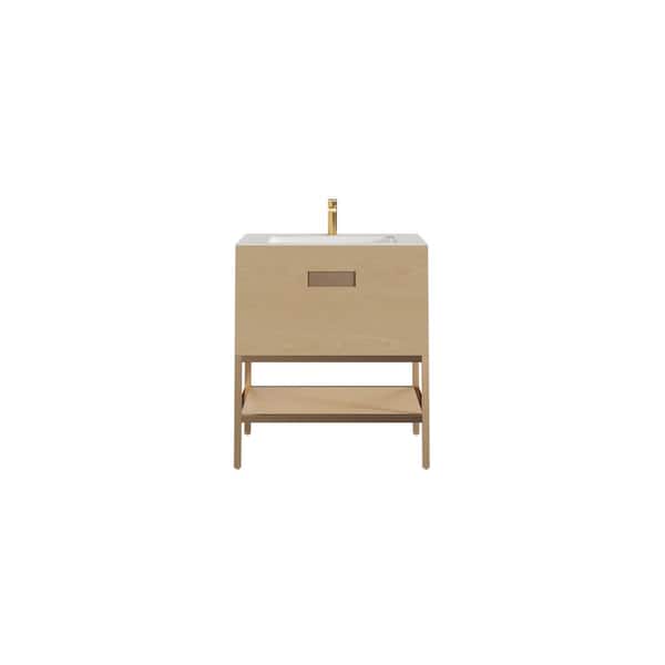 Eviva Iris 35 in. W. x 22 in. D x 33.5 in. H Oak Freestanding Bathroom Vanity with White Solid Surface Integrated Sink Top