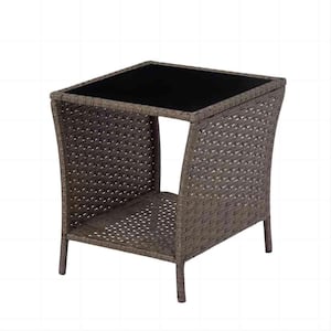 17.7 in. Brown Square Wicker Outdoor Side Table with Storage Shelf for Patio