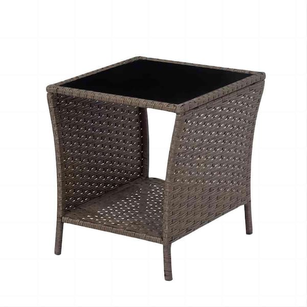 Angel Sar 17.7 in. Brown Square Wicker Outdoor Side Table with Storage Shelf for Patio