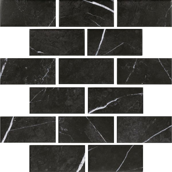 Daltile Re Black Marble 12 In X Glazed Ceramic Brick Joint Mosaic Tile 9 96 Sq Ft Case Re22bkj24hdmt The