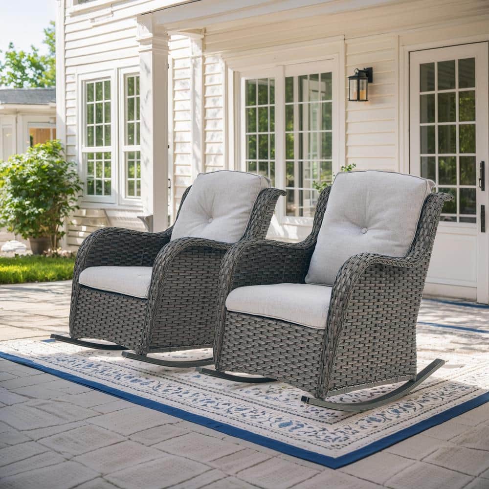 moosprr Arcline Brown Wicker Outdoor Rocking Chair with Beige Cushions ...