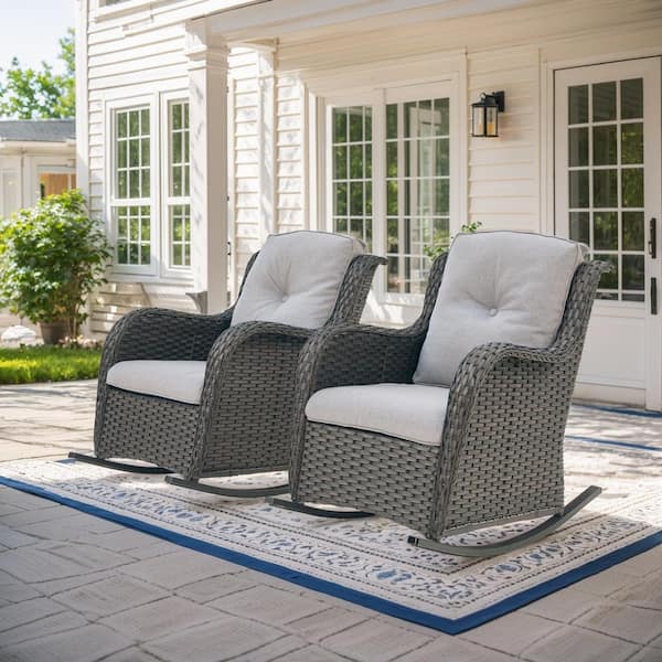 moosprr Brown Wicker Outdoor Rocking Chair with Beige Cushions and Curved Arm Design (2-Pack)