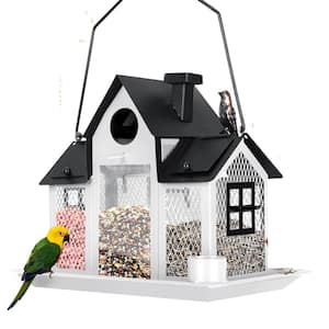 Solar Black & White Metal Squirrel Guard Hanging Multiple Bird Species Seed Feeder - 5 Pounds with Night Lights (1-Pack)