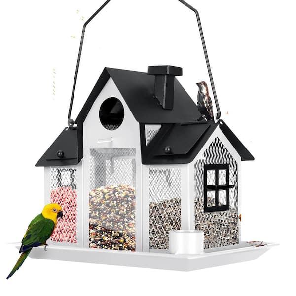Misopily Solar Black & White Metal Squirrel Guard Hanging Multiple Bird Species Seed Feeder - 5 Pounds with Night Lights (1-Pack)