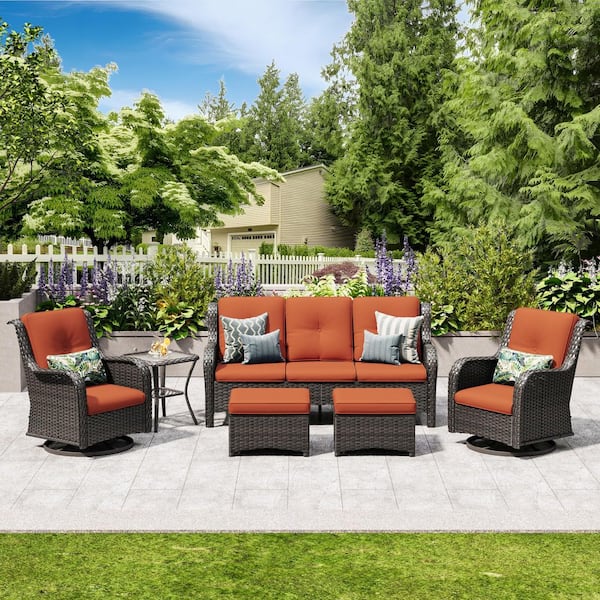 JOYSIDE 6-Piece Wicker Outdoor Patio Seating Set Sectional Sofa with Swivel Rocking Chair, Ottomans and Orange Cushions