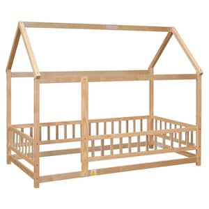 Natural Twin Size Wood House Floor Bed with Fence Guardrails Playhouse Bed Frame Montessori House Bed for Kids
