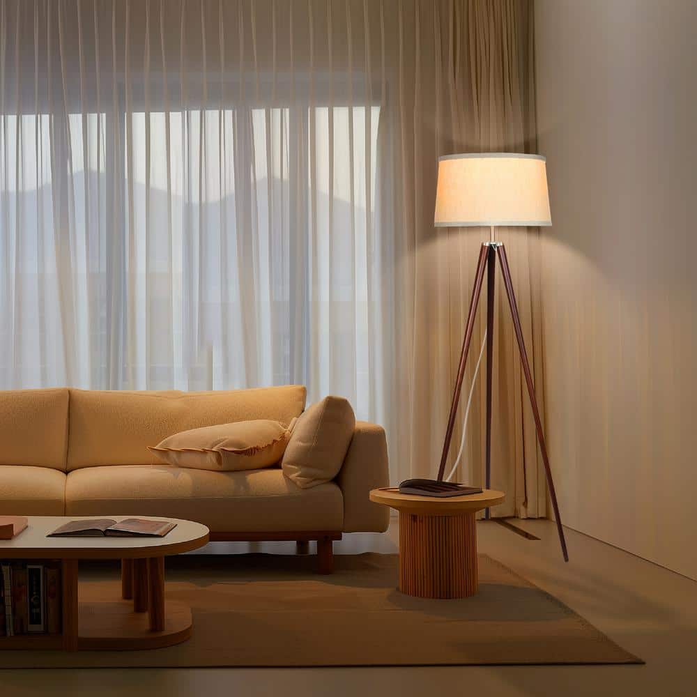 Walnut Brown Tripod Floor Lamp with White Fabric Shade