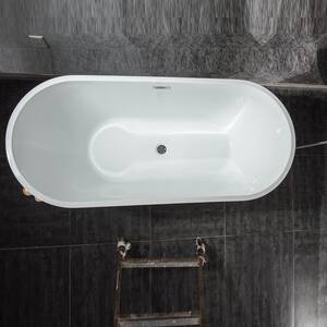 67 in. Center Drain Oval Acrylic Alcove Freestanding Soaking Bathtub with Brass Drain and Stainless Overflow in White