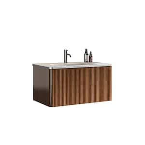 30 in. Single Sink Wall Mounted Walnut Bath Vanity with White Ceramic Top Unassembled