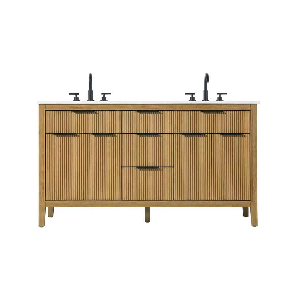 60 in. Double Sink Freestanding Honey Teak Bath Vanity with Marble White Engineered Marble Top price history on PriceWatchPro