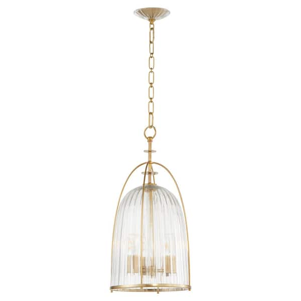 Alice 100-Watt 3-Light Aged Brass 11 in. Pendant Light with Clear Fluted Glass Shade, No Bulb Included