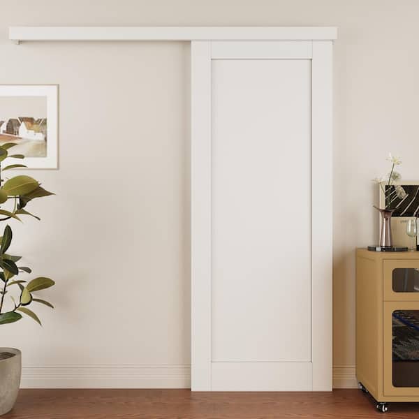 32 in. x 80 in. Hidden Track Style Paneled 1-Lite White Primed MDF Sliding Barn Door with Hardware Kit