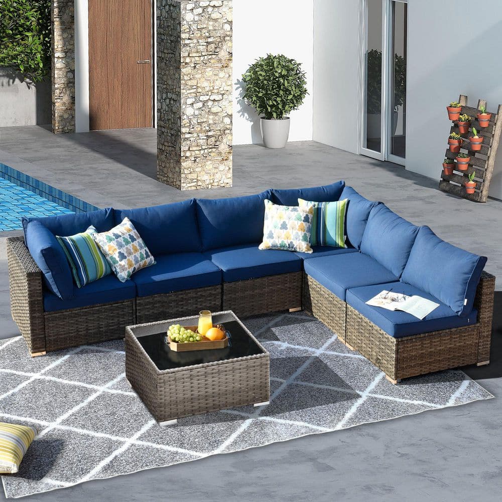 Lavon Gray 7-Piece Wicker Outdoor Patio Sectional Furniture Set with a Table and Navy Blue Cushions price history on PriceWatchPro