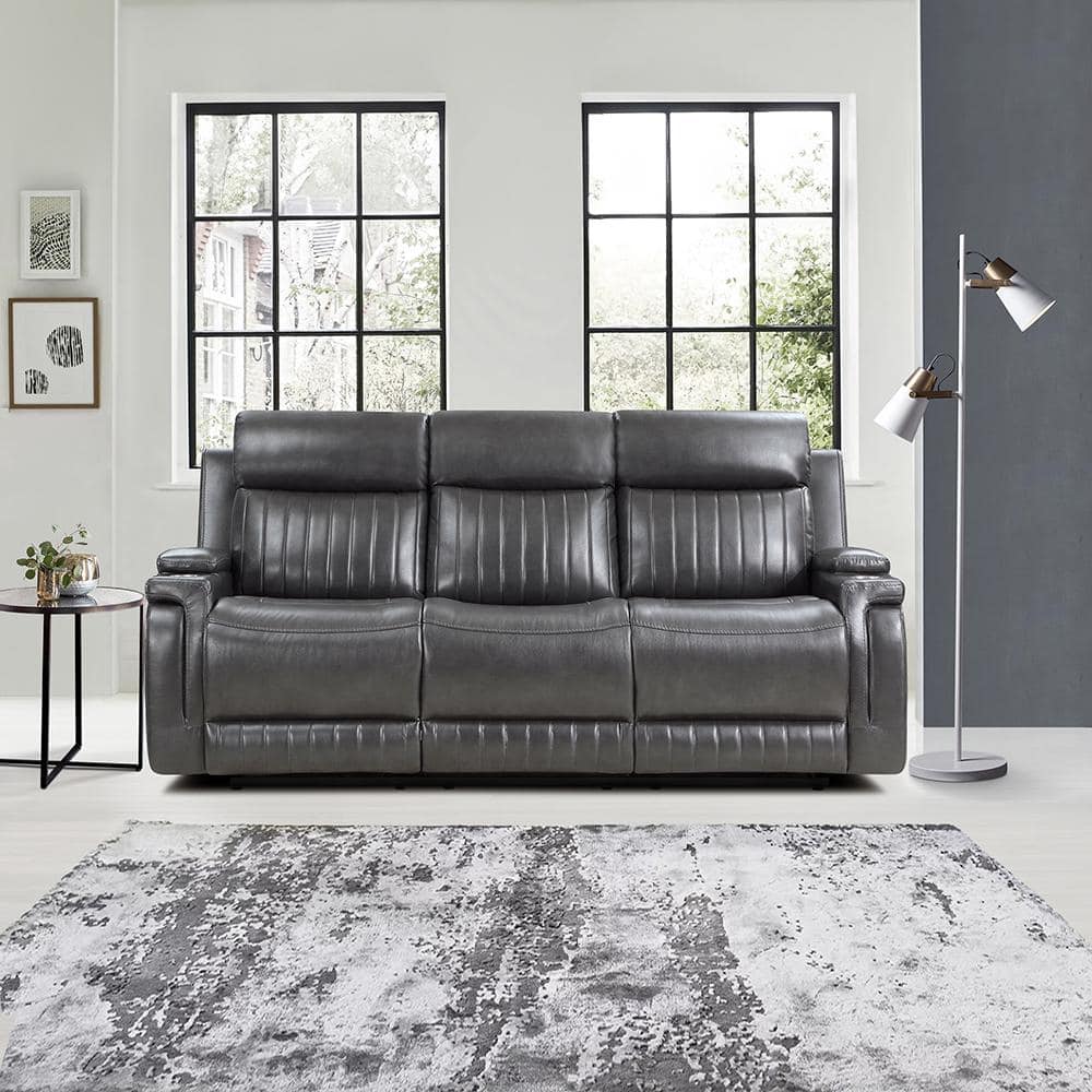 Gray Faux Leather Reclining Sofa with Cup Holders