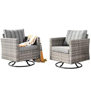 Tahoe Grey Swivel Rocking Wicker Outdoor Patio Lounge Chair with Striped Grey Cushions (2-Pack)