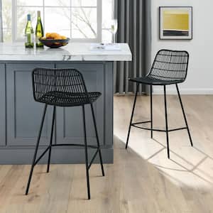 34 in. Black Rustic Natural Rattan Indoor Bar Stool with Black Steel legs with Seat (Set of 2)