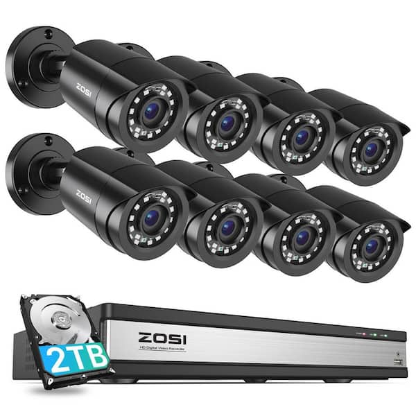 16-Channel 2MP 2TB DVR Security System with 8 1080p Wired Outdoor Bullet Cameras, Black