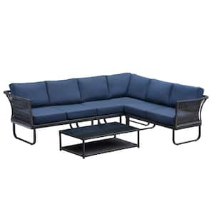 6-Pieces. Metal Frame Outdoor Sectional Set with Blue Cushions Conversation Furniture Sets with Coffee Table