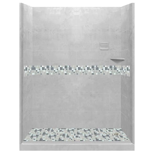 American Bath Factory Newport 60 in. L x 32 in. W x 80 in. H Right Drain Alcove Shower Kit with Shower Wall and Shower Pan in Portland Cement