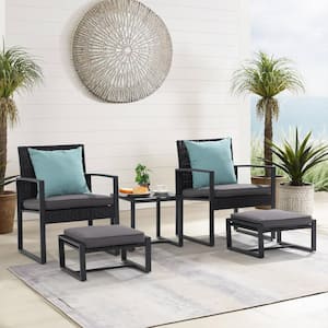 OC Orange Casual 5 Piece Wicker Black Outdoor Bistro Set with Ottomans, Grey Cushions