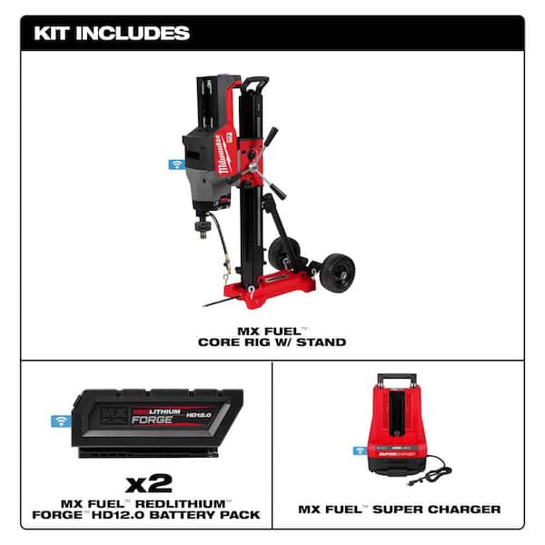 MX FUEL Lithium-Ion Core Drill Rig Kit with (2) FORGE HD12. 0 Batteries, MX Super Charger, Stand, & Rotary Hammer Kit