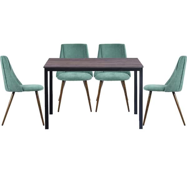 Homy Casa Brandt Smeg Teal 5-Pieces Rectangle MDF Walnut Top Dining Table Chair Set with 4-Upholstered Dining Chair