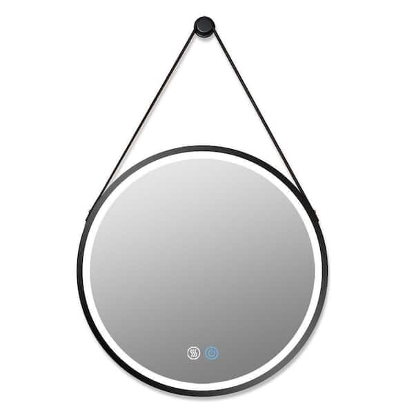 Xspracer Victoria 32 in. W x 32 in. H Round Framed Metal Black Frame Wall Mount with Lamp Hanging Bathroom Vanity Mirror in Black